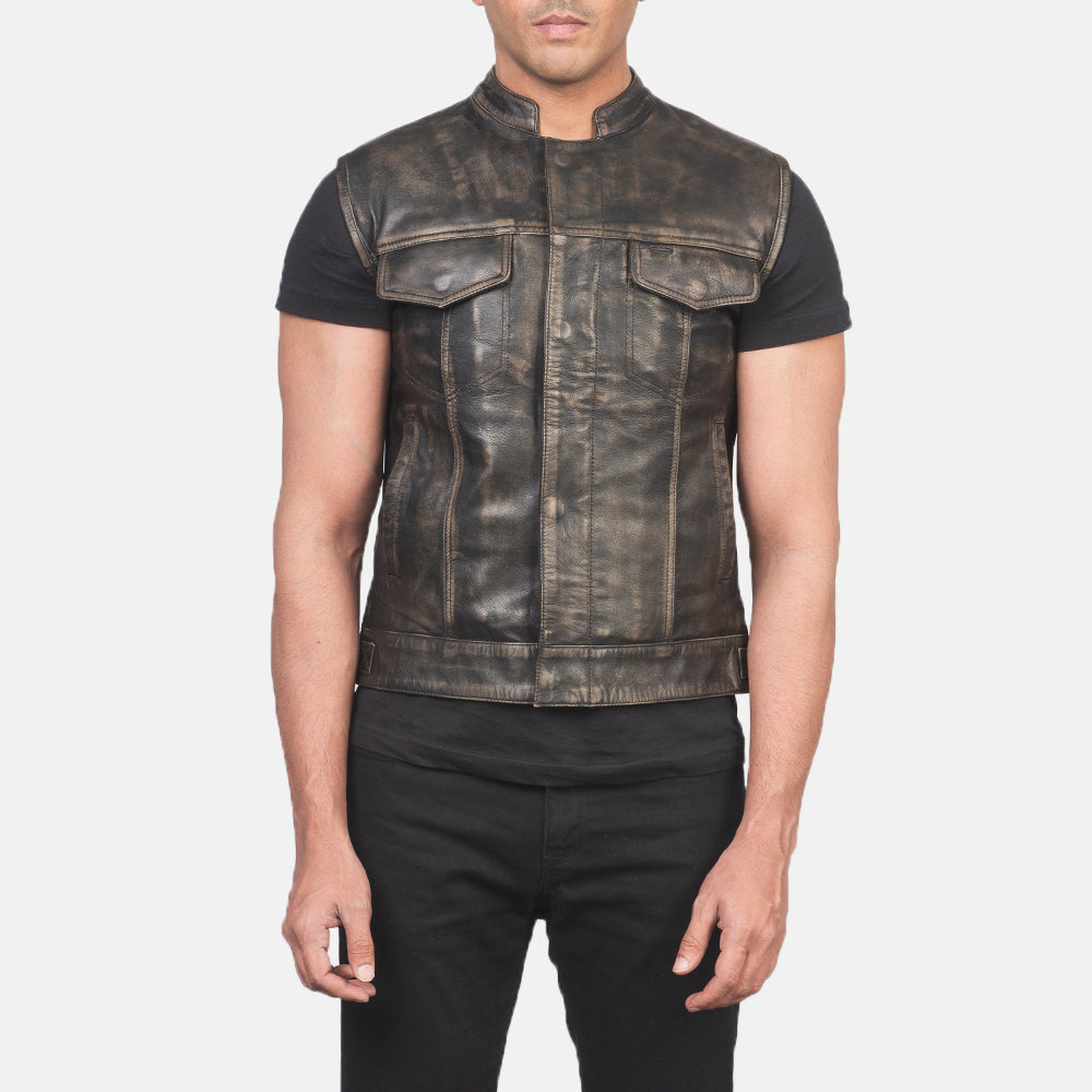 
Detailansicht of Band & Zipper with Button Flap Hardware on Atlas Moto Vintage-Braun Lederweste für Herren