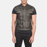 
Detailansicht of Band & Zipper with Button Flap Hardware on Atlas Moto Vintage-Braun Lederweste für Herren