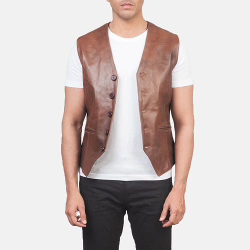 Men's Auden Brown Leather Vest in Brown Cowhide Leather - Front Profile View & Tailored Silhouette | Buy Online
