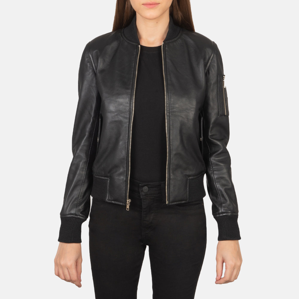 Women's Ava Ma-1 Black Leather Bomber Jacket in Black Sheepskin Leather - Vorderansicht &amp; maßgeschneiderte Silhouette | Online Kaufen