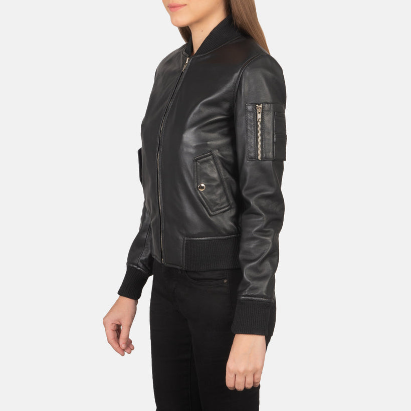 Ava MA-1 Schwarz Leder-Bomberjacke für Damen