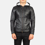 Detailansicht of Hooded &amp; Zipper Hardware on Men's Baston Black Hooded Leather Bomber Jacket