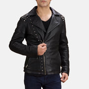 Men's Schwarz Studded Leder-Bikerjacke für Herren in Black Sheepskin Leather - Vorderansicht &amp; maßgeschneiderte Silhouette | Online Kaufen