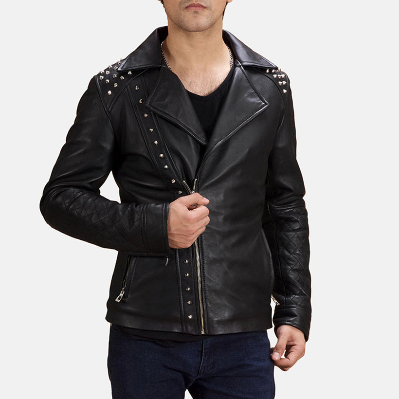 Schwarz Studded Leder-Bikerjacke für Herren