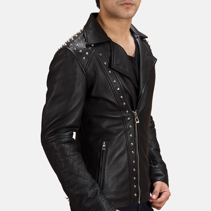 Schwarz Studded Leder-Bikerjacke für Herren