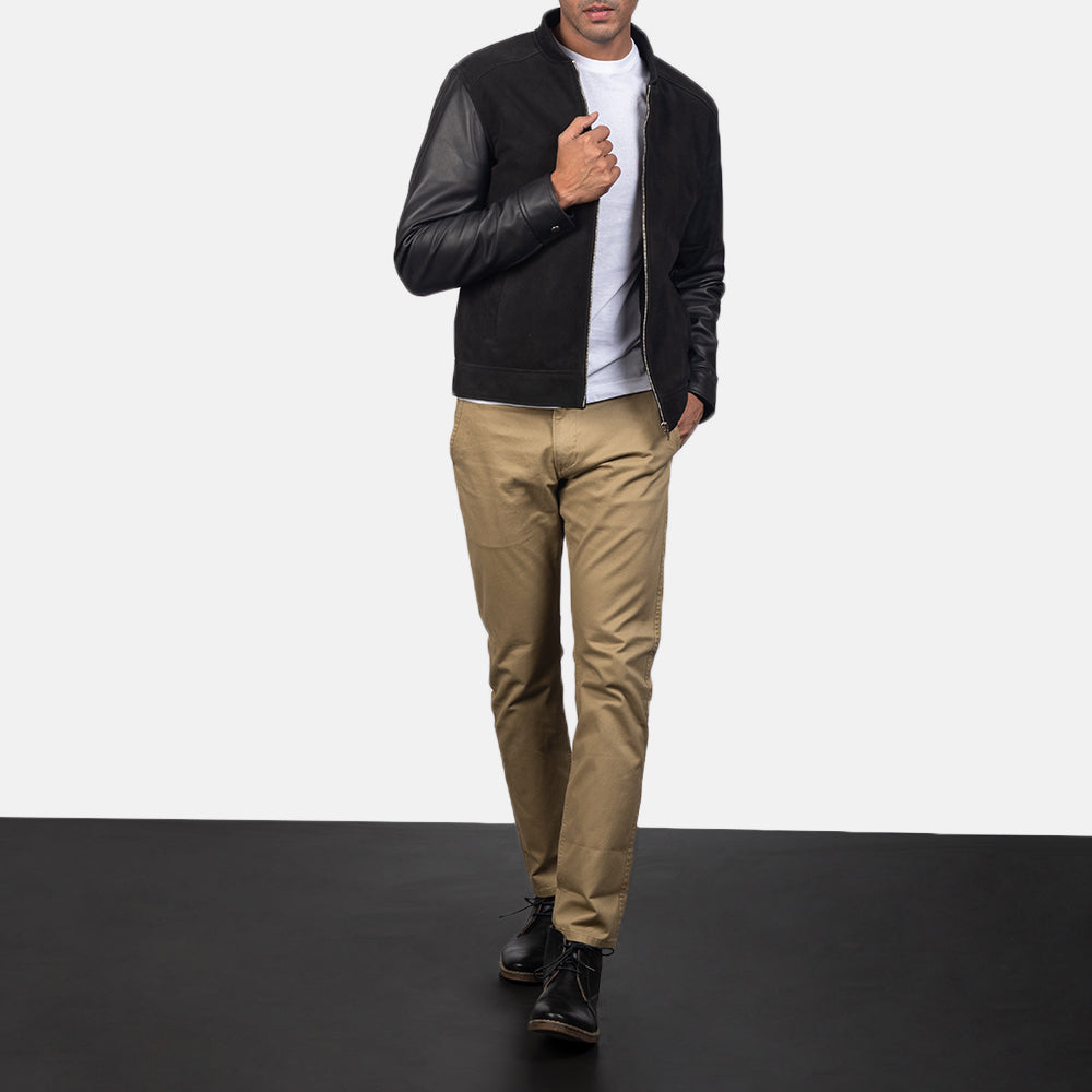 Detailansicht of Knit Rib &amp; Zipper Hardware on Men's Blain Brown Suede Bomber Jacket