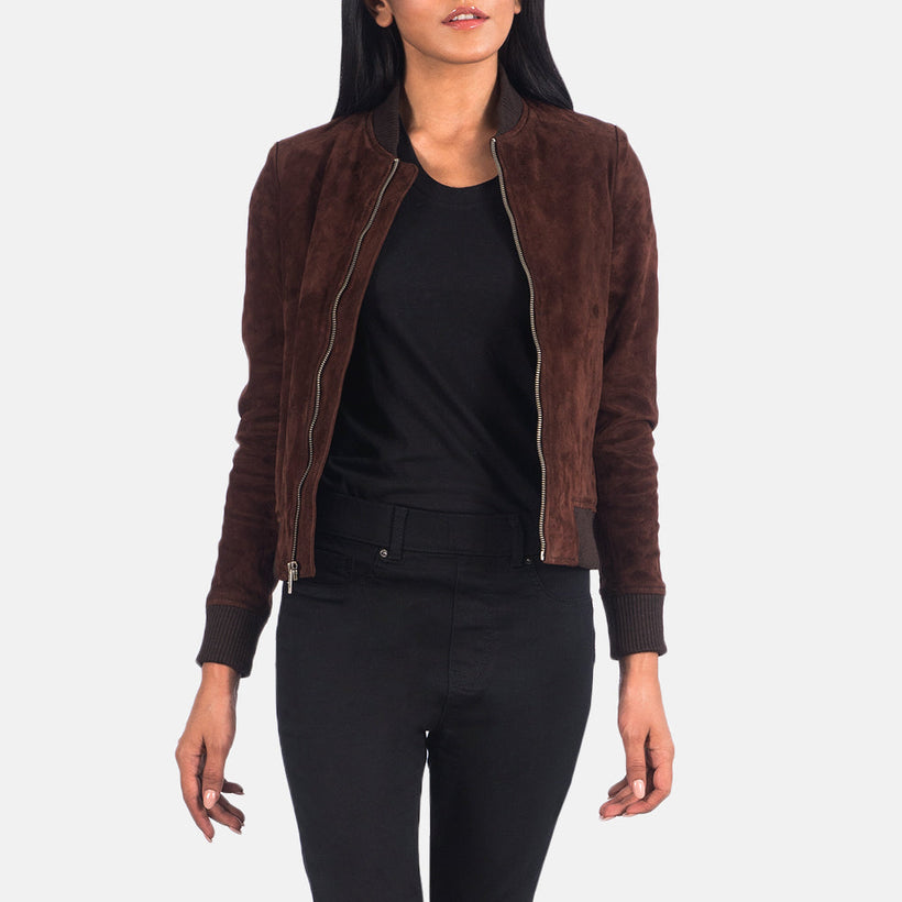 Bliss Braun Suede Leder-Bomberjacke für Damen