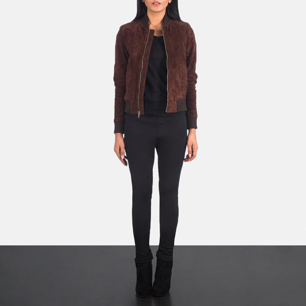 Women's Bliss Braun Suede Leder-Bomberjacke für Damen - Seitenansicht mit ergonomischem Ärmelschnitt