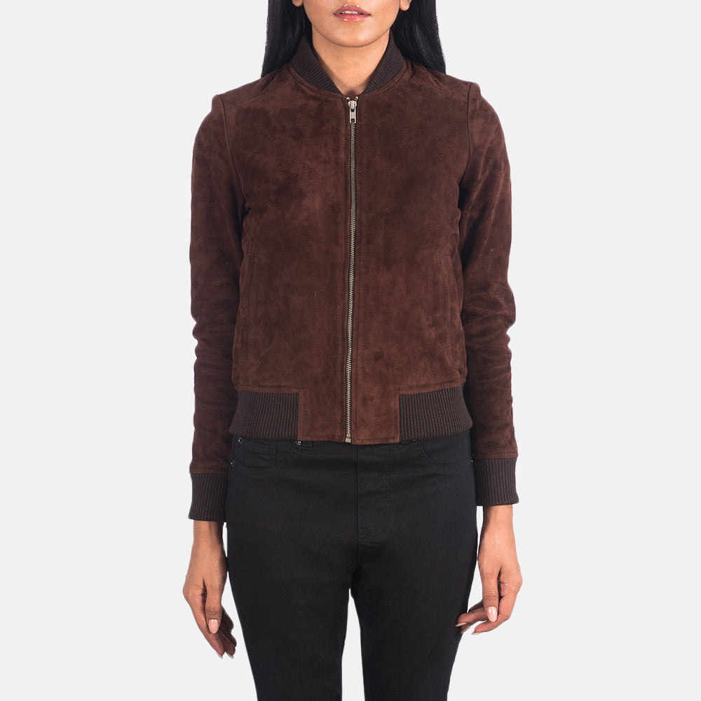 Detailansicht of Varsity - Rib Knit &amp; Zipper with Wind Flap Hardware on Women's Bliss Braun Suede Leder-Bomberjacke für Damen