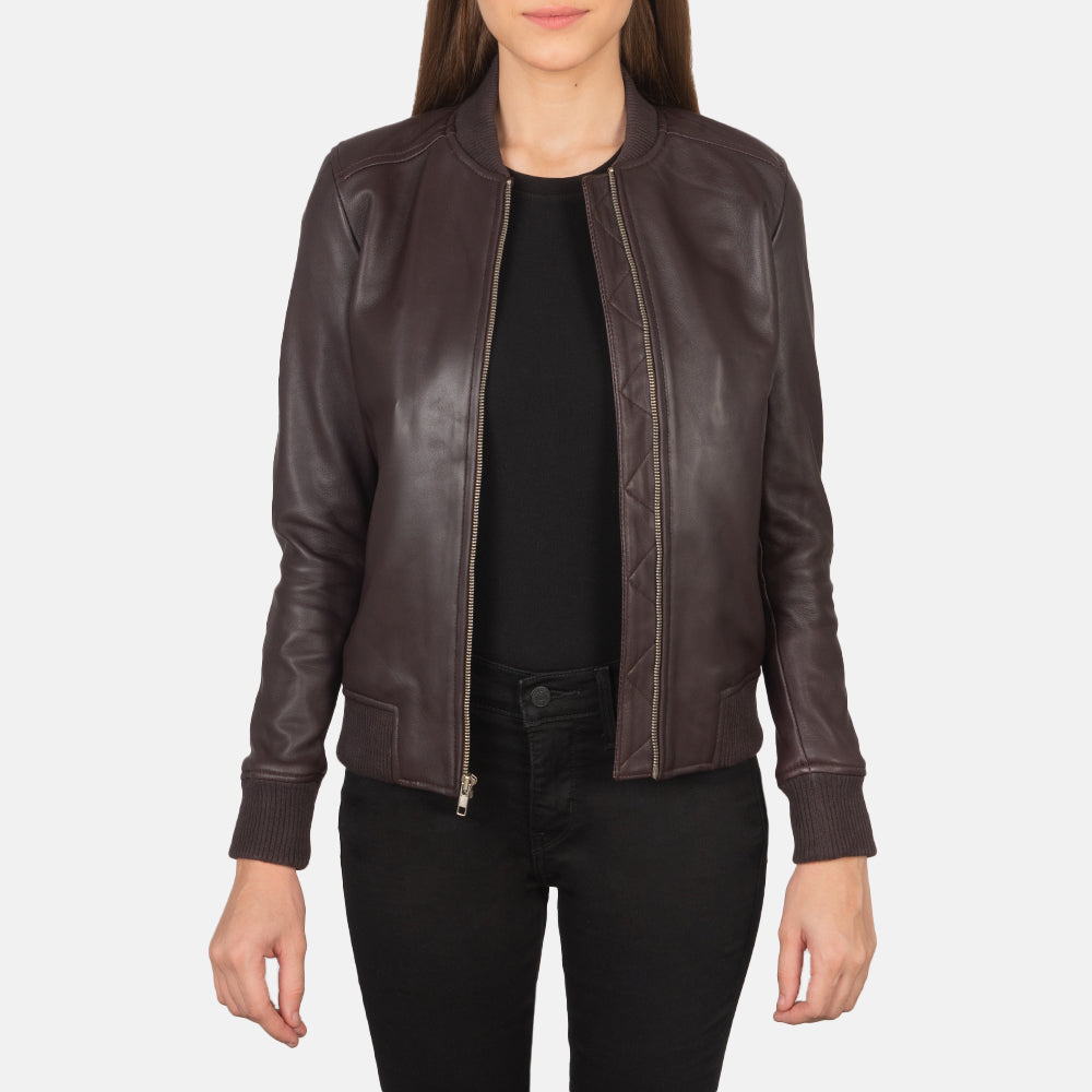 Women's Bliss Kastanienbraun Leder-Bomberjacke für Damen in Maroon Sheepskin Leather - Vorderansicht &amp; maßgeschneiderte Silhouette | Online Kaufen