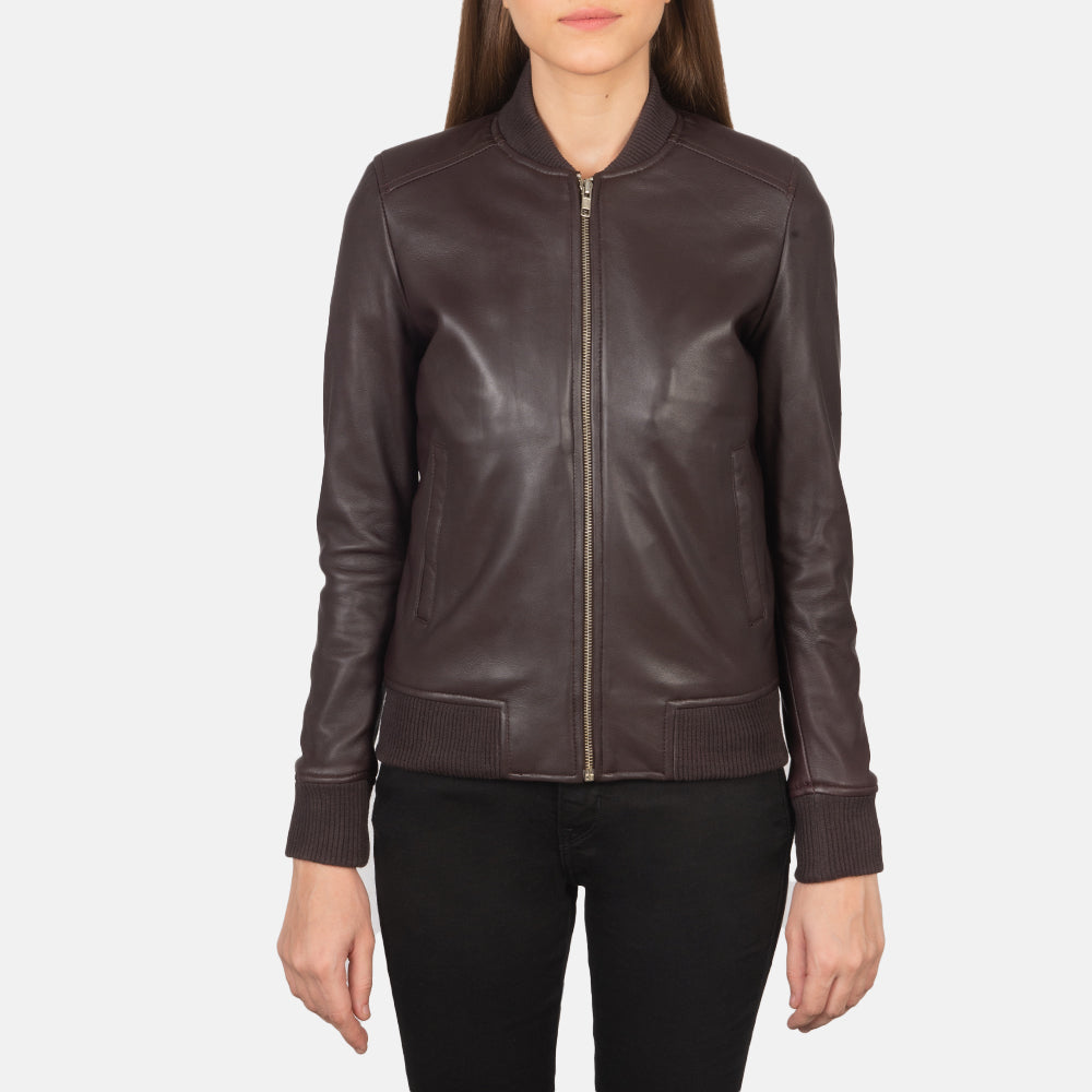 Detailansicht of Varsity - Rib Knit &amp; Zipper with Wind Flap Hardware on Women's Bliss Kastanienbraun Leder-Bomberjacke für Damen