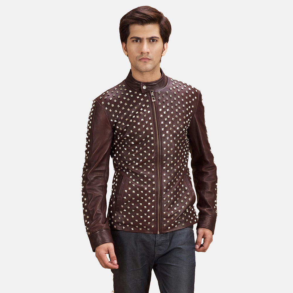 Blix Bono Kastanienbraun Leder-Bikerjacke für Herren in Maroon Sheepskin Leather - Vorderansicht &amp; maßgeschneiderte Silhouette | Online Kaufen