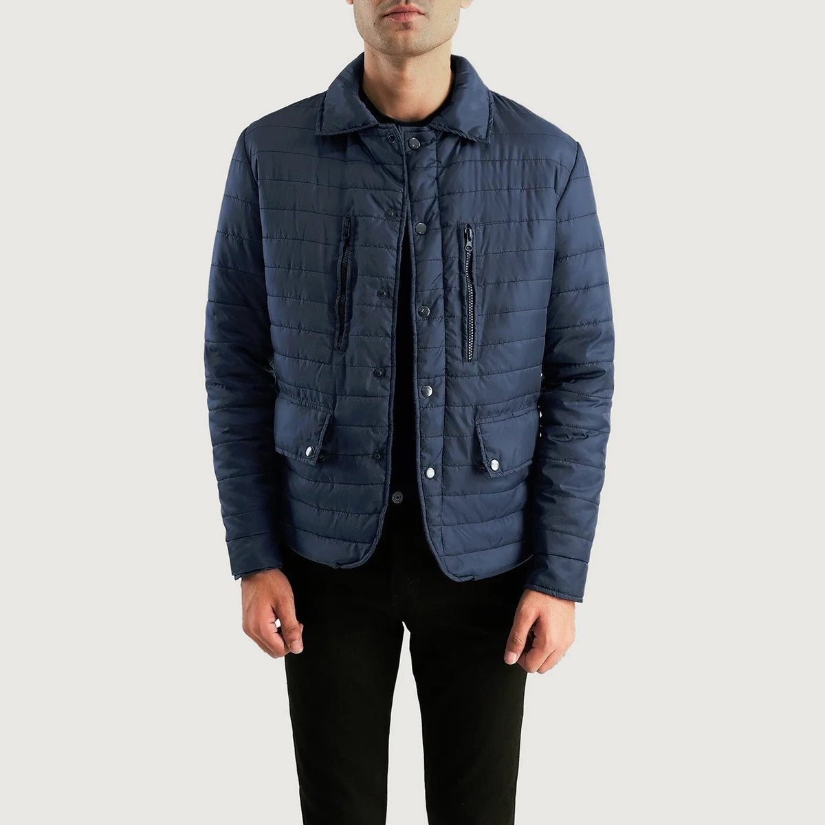 Men's Bo Quilt Windbreaker Lederjacke für Herren in Navy Blue Nylon - Vorderansicht &amp; maßgeschneiderte Silhouette | Online Kaufen