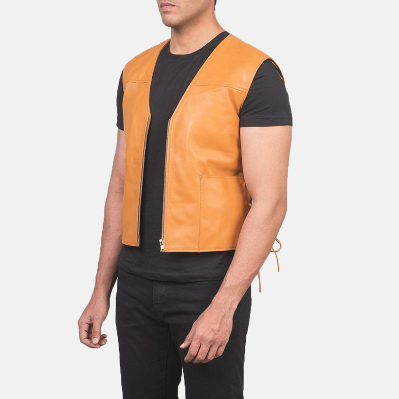 Tan Brown Sheepskin leather Vest - Back View Showing Tailored Shoulder Fit & Clean Hemline