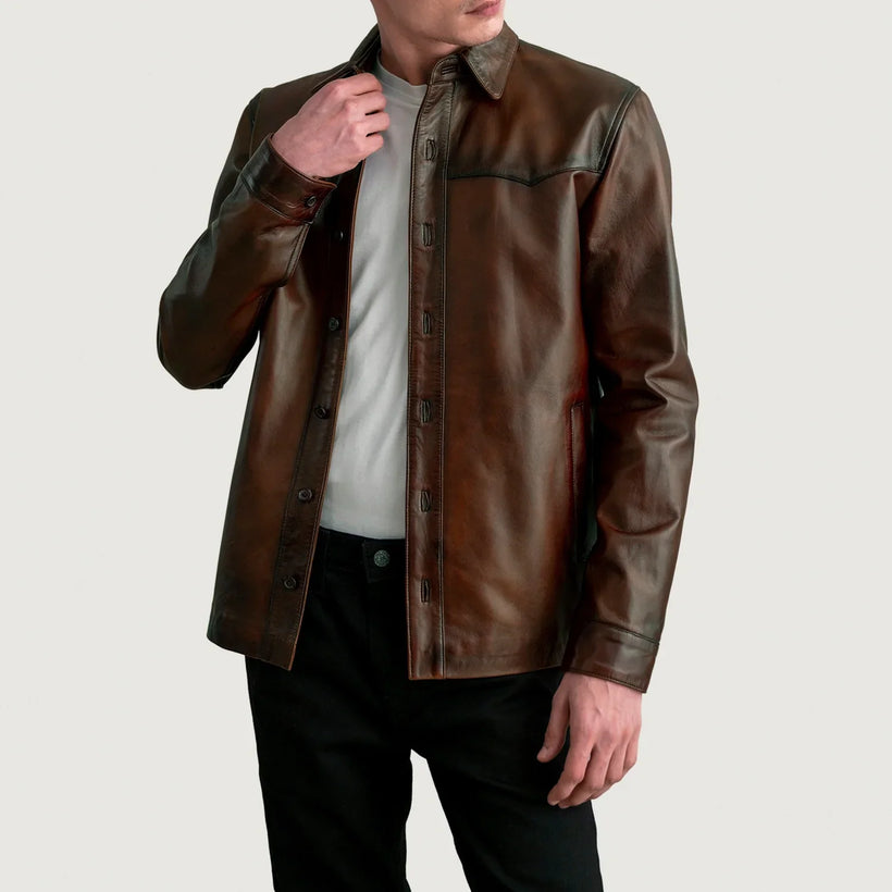 Bronco Distressed Braun Leather Shirt für Herren