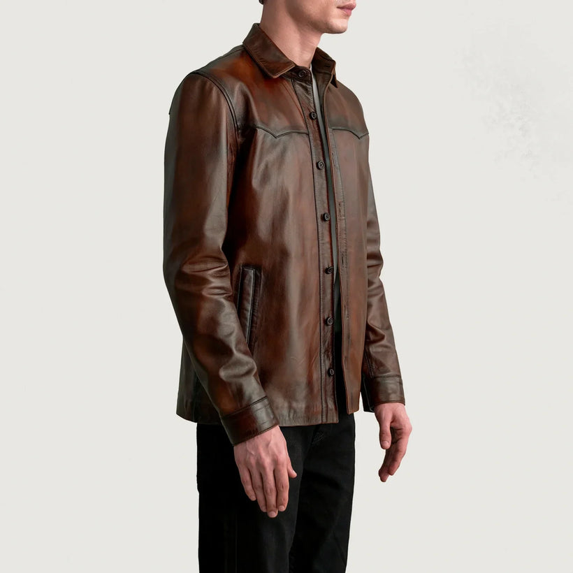 Bronco Distressed Braun Leather Shirt für Herren