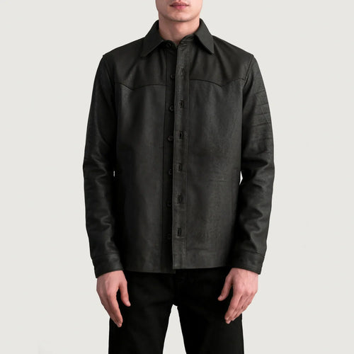 Bronco Tumbled Brown Leather Shirt in Tumbled Brown Sheepskin Leather - Front Profile View & Tailored Silhouette | Buy Online