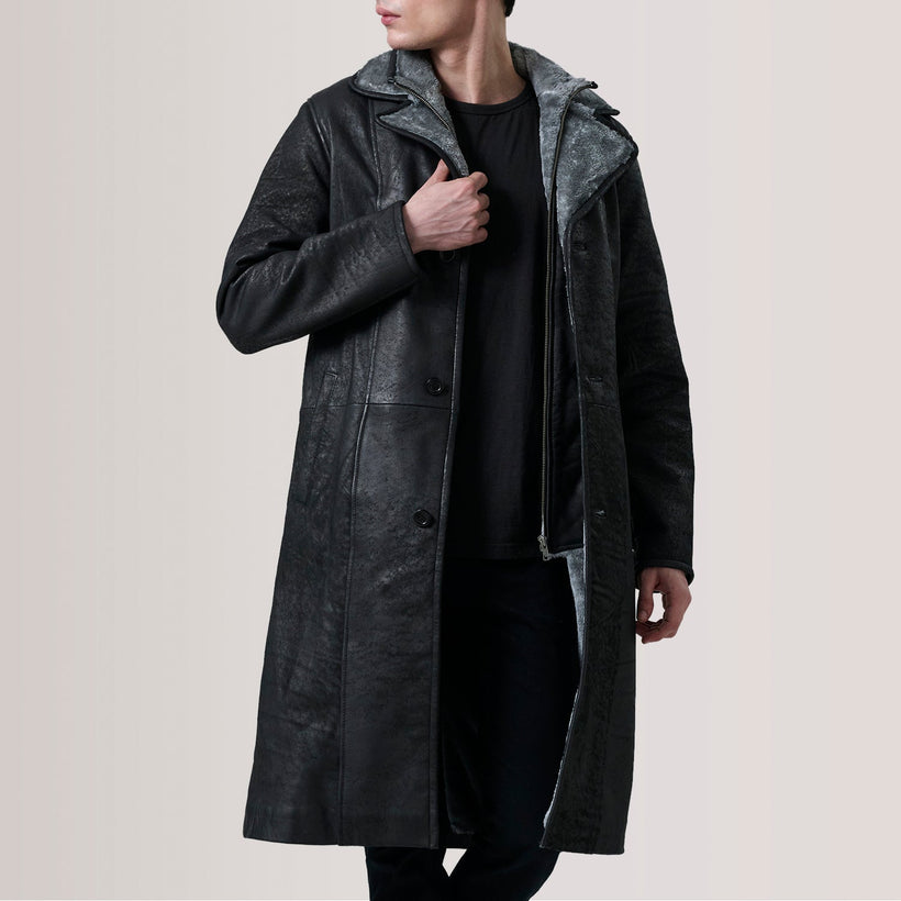 Cai Distressed Schwarz Leather Shearling Ledermantel für Herren