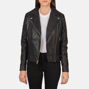 Women's Carolyn Quilted Black Biker Jacket in Black Goatskin Leather - Vorderansicht &amp; maßgeschneiderte Silhouette | Online Kaufen