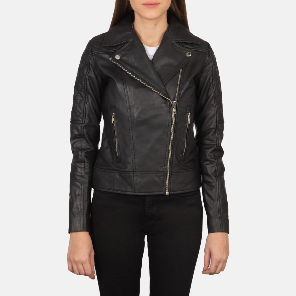 Detailansicht of Notch &amp; Zipper Hardware on Women's Carolyn Quilted Black Biker Jacket