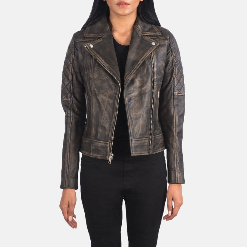 Carolyn Gesteppt Distressed Braun Leder-Bikerjacke für Damen