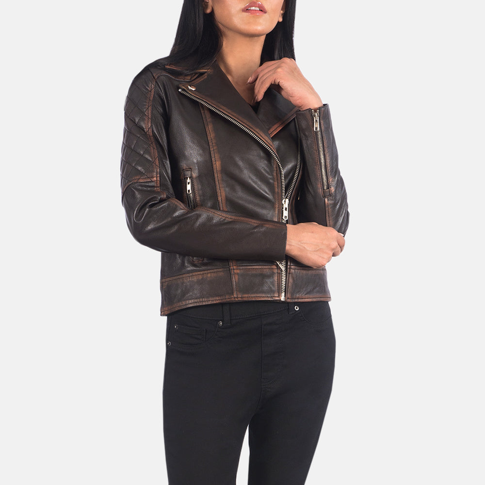 
Detailansicht of Notch & Zipper Hardware on Carolyn Quilted Vintage Brown Biker Jacket