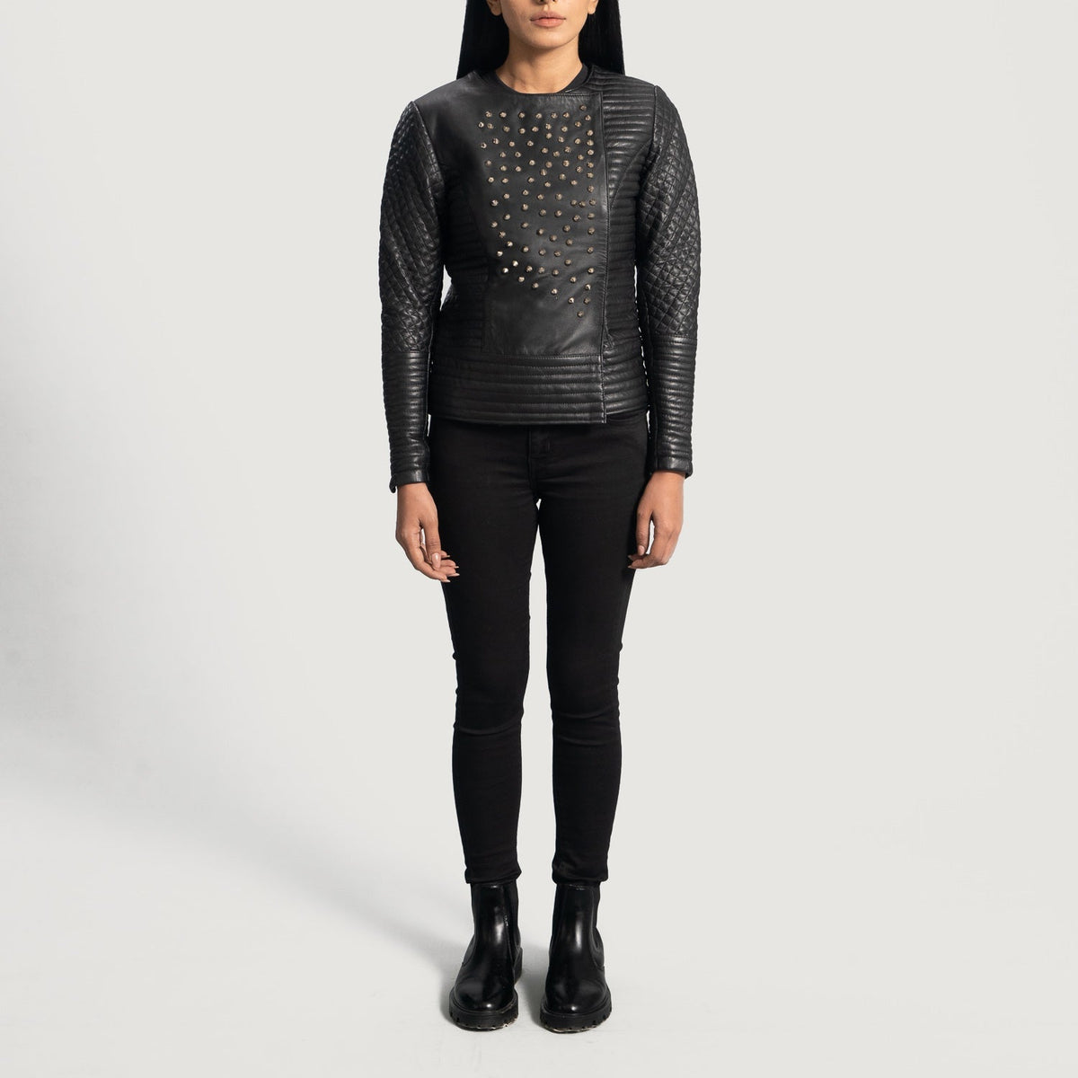 Detailansicht of Classic Collar &amp; Snap Button Hardware on Women's Celeste Studded Schwarz Lederjacke für Damen