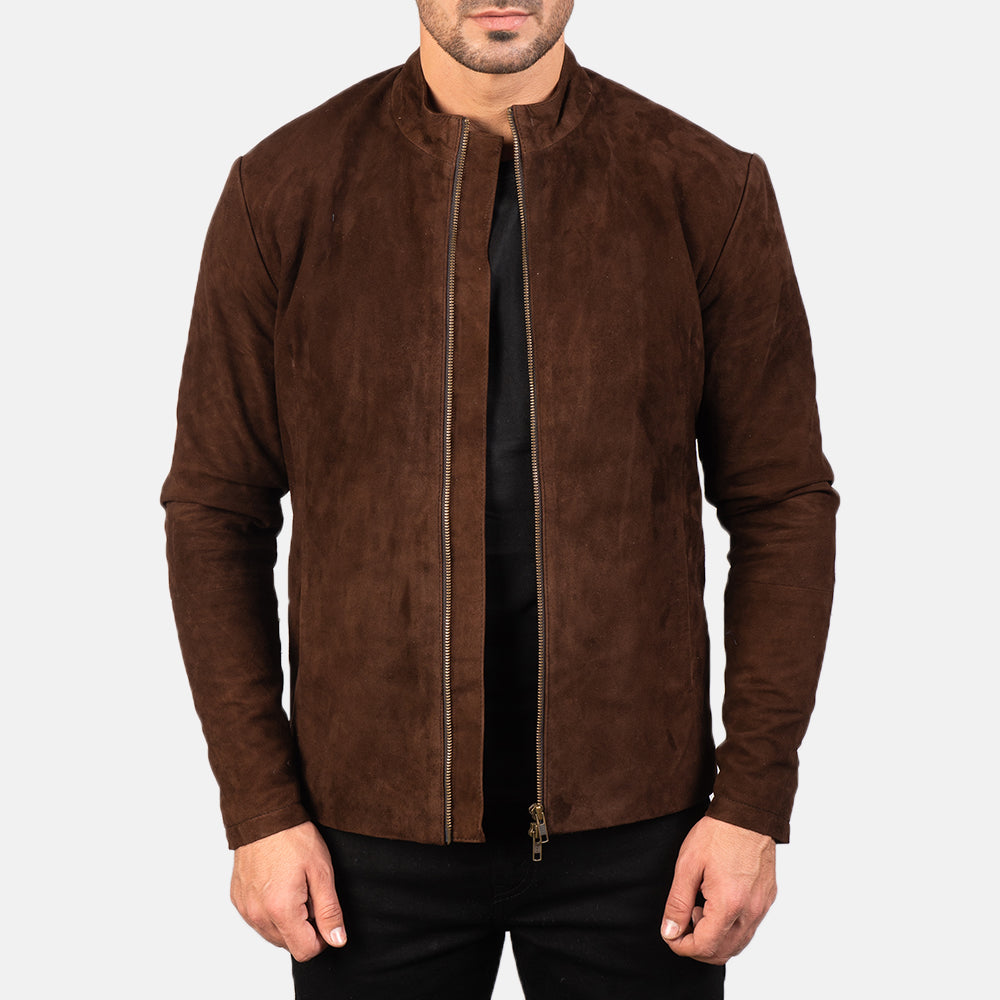 
Charcoal Mokka Suede Leder-Bikerjacke für Herren in Dark Brown Goatskin Suede - Vorderansicht & maßgeschneiderte Silhouette | Online Kaufen
