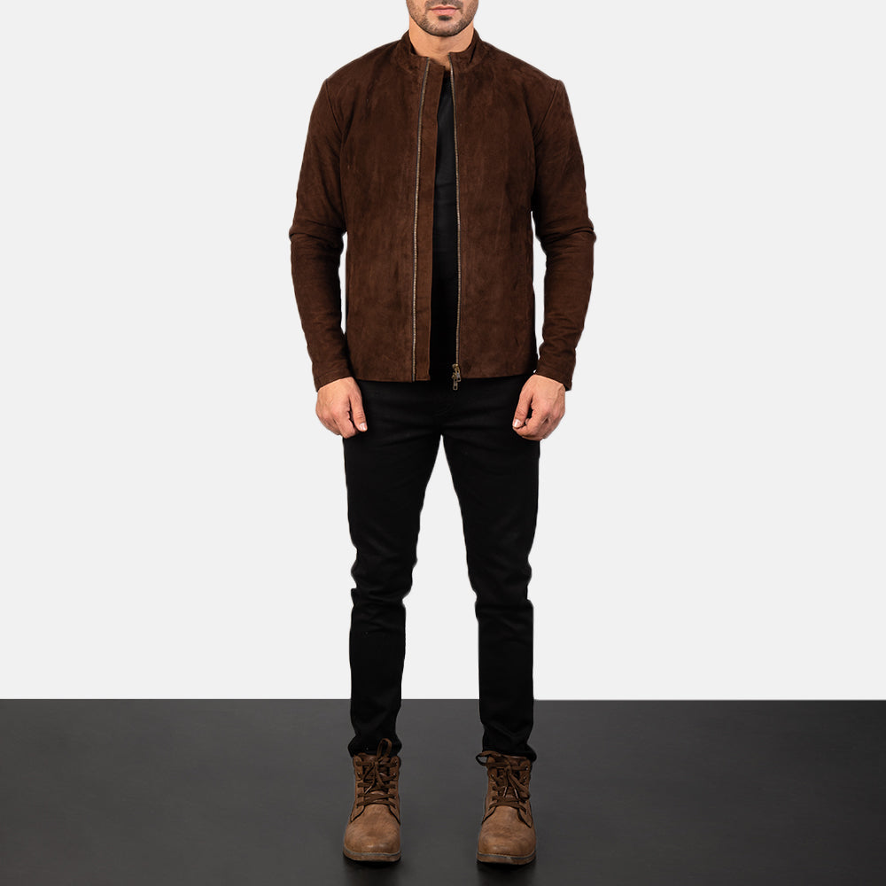 
Charcoal Mokka Suede Leder-Bikerjacke für Herren - Seitenansicht mit ergonomischem Ärmelschnitt & sportlicher Passform