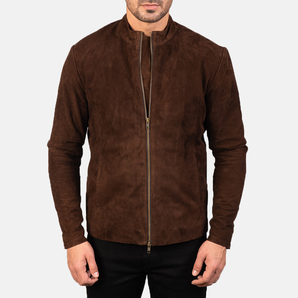 
Detailansicht of Mandarin & Zipper with Dual Puller Hardware on Charcoal Mokka Suede Leder-Bikerjacke für Herren