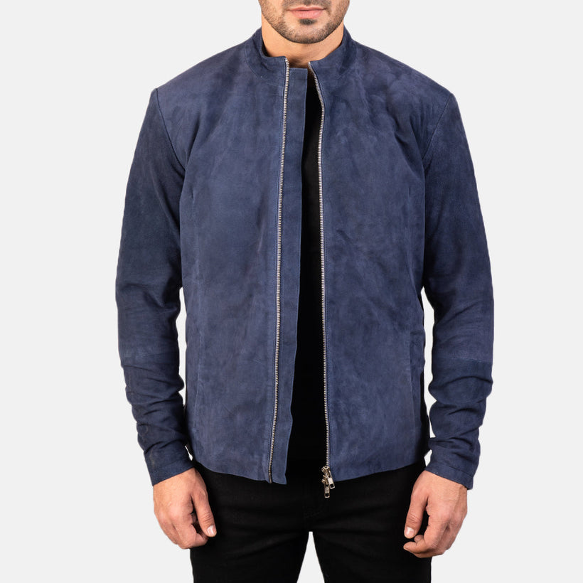 Charcoal Navy Blau Suede Leder-Bikerjacke für Herren