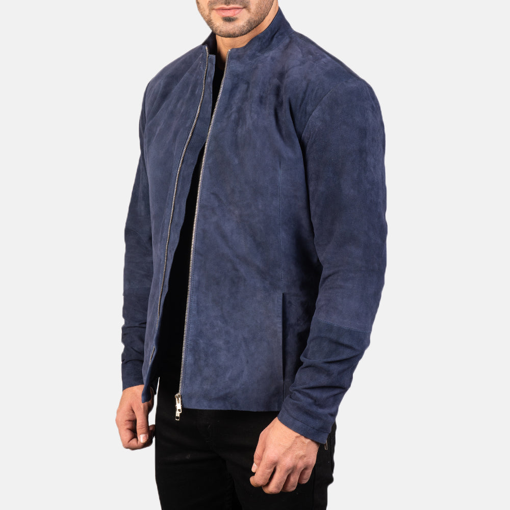 Navy Blue Goatskin Suede Biker Jacket - Rückansicht mit passgenauen Schultern &amp; sauberem Saum