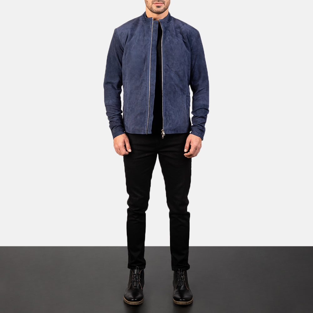 Men's Charcoal Navy Blau Suede Leder-Bikerjacke für Herren - Seitenansicht mit ergonomischem Ärmelschnitt