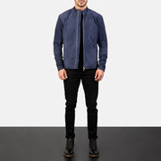 Men's Charcoal Navy Blau Suede Leder-Bikerjacke für Herren - Seitenansicht mit ergonomischem Ärmelschnitt