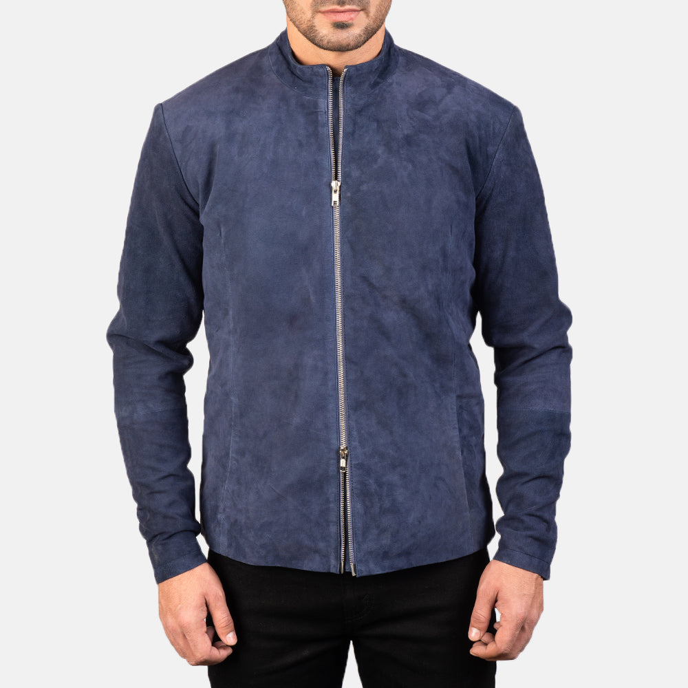Detailansicht of Mandarin &amp; Zipper with Dual Puller Hardware on Men's Charcoal Navy Blau Suede Leder-Bikerjacke für Herren