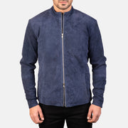 Detailansicht of Mandarin &amp; Zipper with Dual Puller Hardware on Men's Charcoal Navy Blau Suede Leder-Bikerjacke für Herren