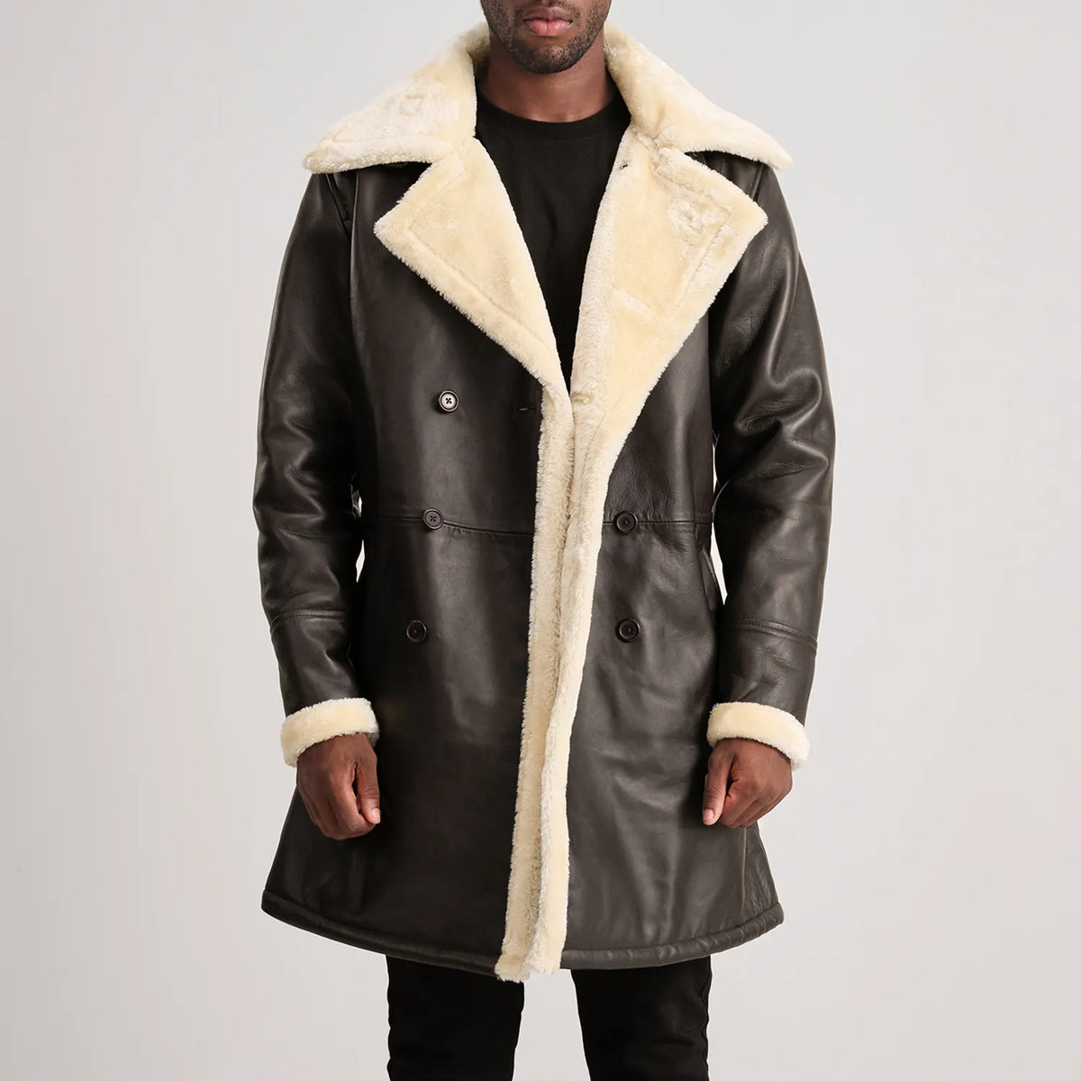 Tailored Rib Cuffs &amp; Hem Craftsmanship Construction Detail on Charles Brown Suede Leather Shearling Double-Breasted Coat