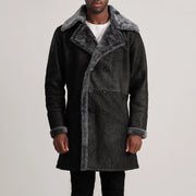 Detailansicht of Notch &amp; Button Hardware on Charles Brown Suede Leather Shearling Double-Breasted Coat