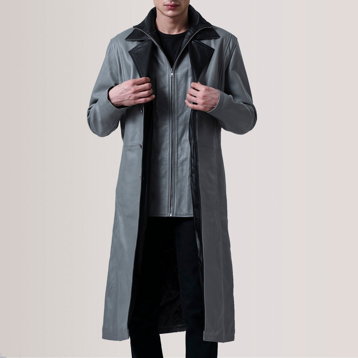 Charlton Grau Leather Single Breasted Ledermantel für Herren For Men in Grey Sheepskin Leather - Vorderansicht &amp; maßgeschneiderte Silhouette | Online Kaufen