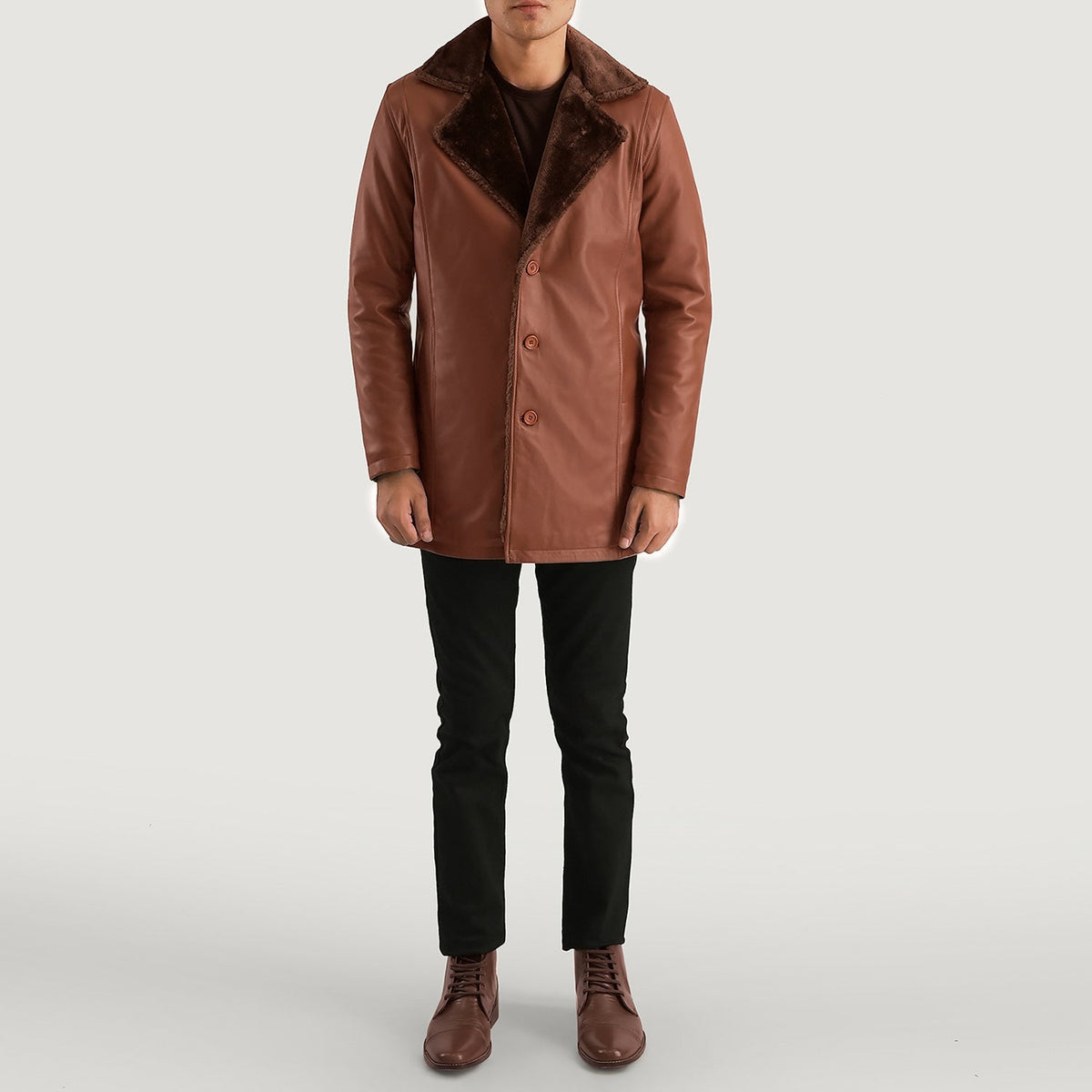 Men's Cinnamon Braun Leather Fur Ledermantel für Herren - Seitenansicht mit ergonomischem Ärmelschnitt