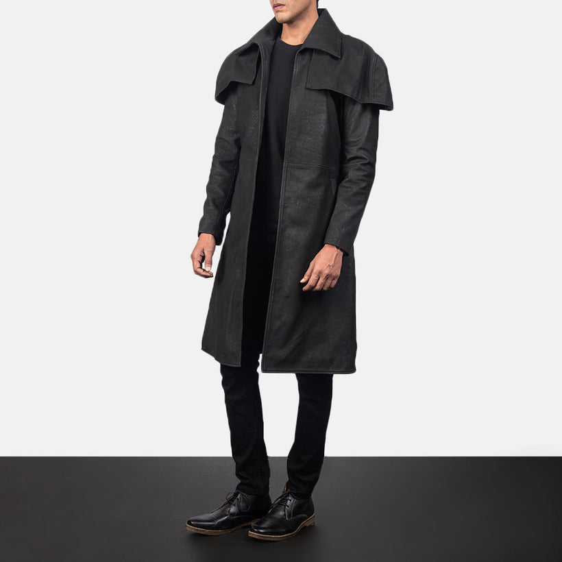 Classic Distressed Schwarz Leather Duster für Herren