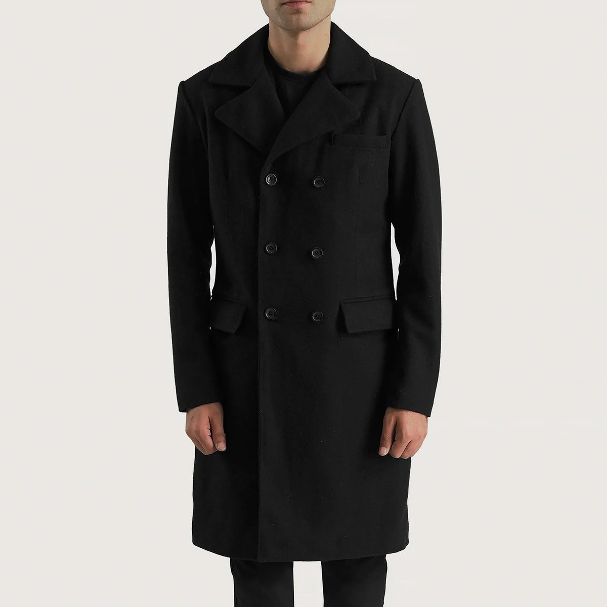 Men's Claud Black Wool Double Breasted Coat in Black Synthetic Wool - Vorderansicht &amp; maßgeschneiderte Silhouette | Online Kaufen