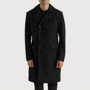 Men's Claud Black Wool Double Breasted Coat in Black Synthetic Wool - Vorderansicht &amp; maßgeschneiderte Silhouette | Online Kaufen