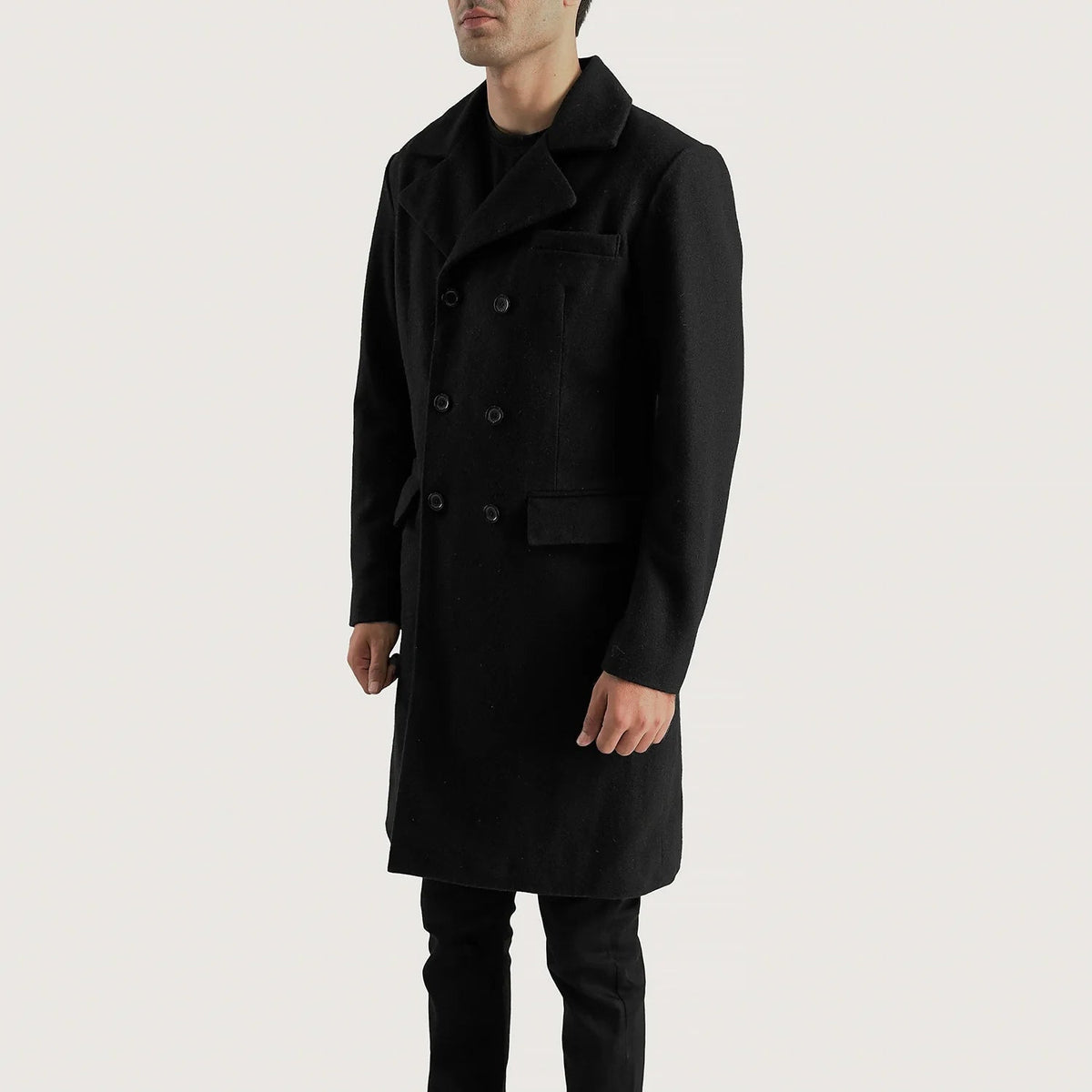 Black Synthetic Wool Trench Coat - Rückansicht mit passgenauen Schultern &amp; sauberem Saum