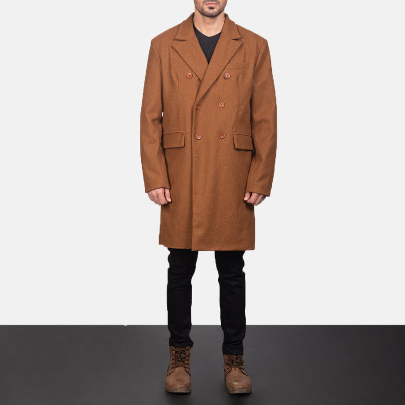 Claud Khaki Wool Double-Breasted Ledermantel für Herren