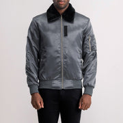 Clyde B-15 Grey Bomber Jacket in Grey Satin - Vorderansicht &amp; maßgeschneiderte Silhouette | Online Kaufen