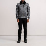 Detailansicht of Removable faux fur collar &amp; Zipper Hardware on Clyde B-15 Grey Bomber Jacket