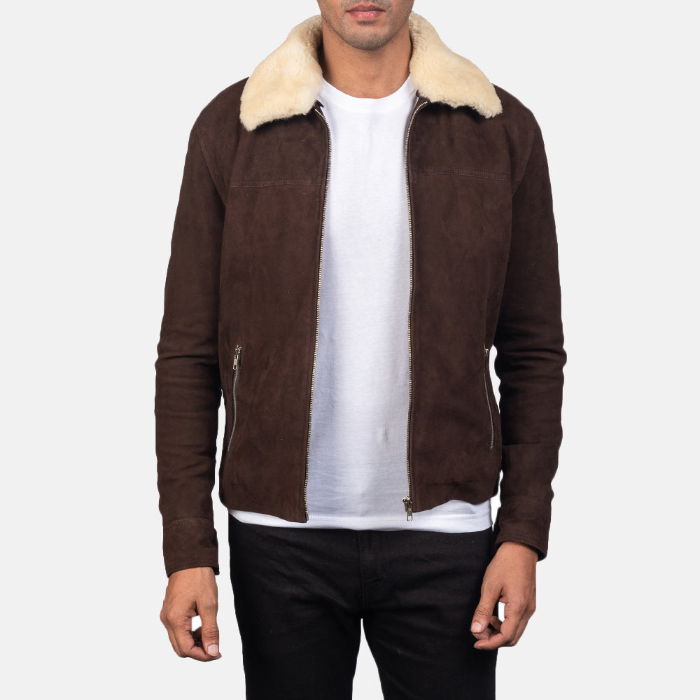 Men's Coffner Braun Shearling Fur Lederjacke für Herren in Distressed Brown Goatskin Suede - Vorderansicht &amp; maßgeschneiderte Silhouette | Online Kaufen