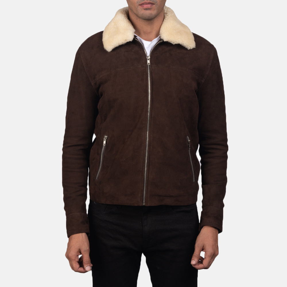 Detailansicht of Shirt with Removable Fur Collar &amp; Zipper Hardware on Men's Coffner Braun Shearling Fur Lederjacke für Herren