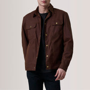 Colberto Braun Waxed Canvas Trucker Lederjacke für Herren For Men in Brown Waxed Cotton Canvas - Vorderansicht &amp; maßgeschneiderte Silhouette | Online Kaufen